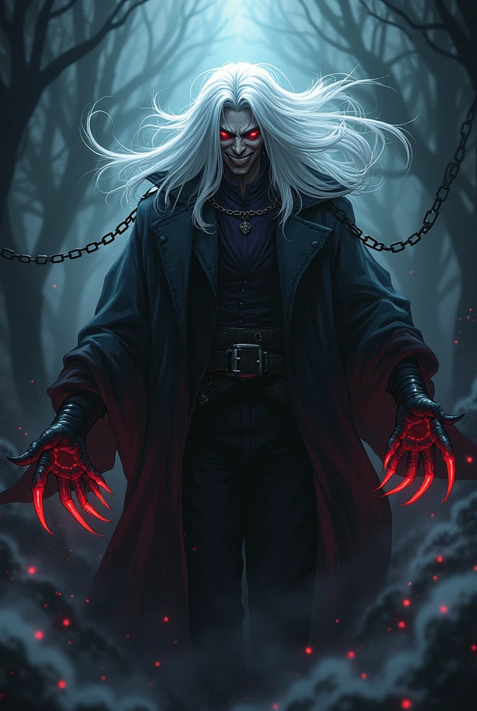 Make a sinister man with white hair and red eyes with a terrifying aura, Your expression is demonic. Around him are shadowy claws and magical chains that bind him.
anime styling.