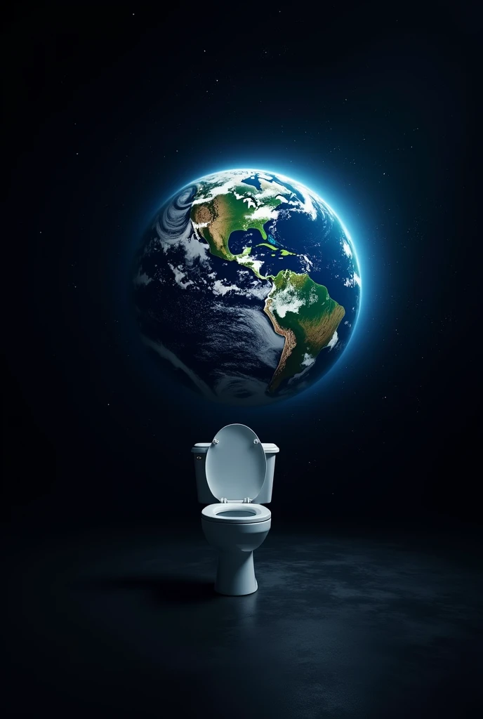 Earth planet with black background, with Earth's exosphere shining around it like a bright blue shadow with a toilet in the center of the image. Place the toilet in the center of planet Earth, very prominent.