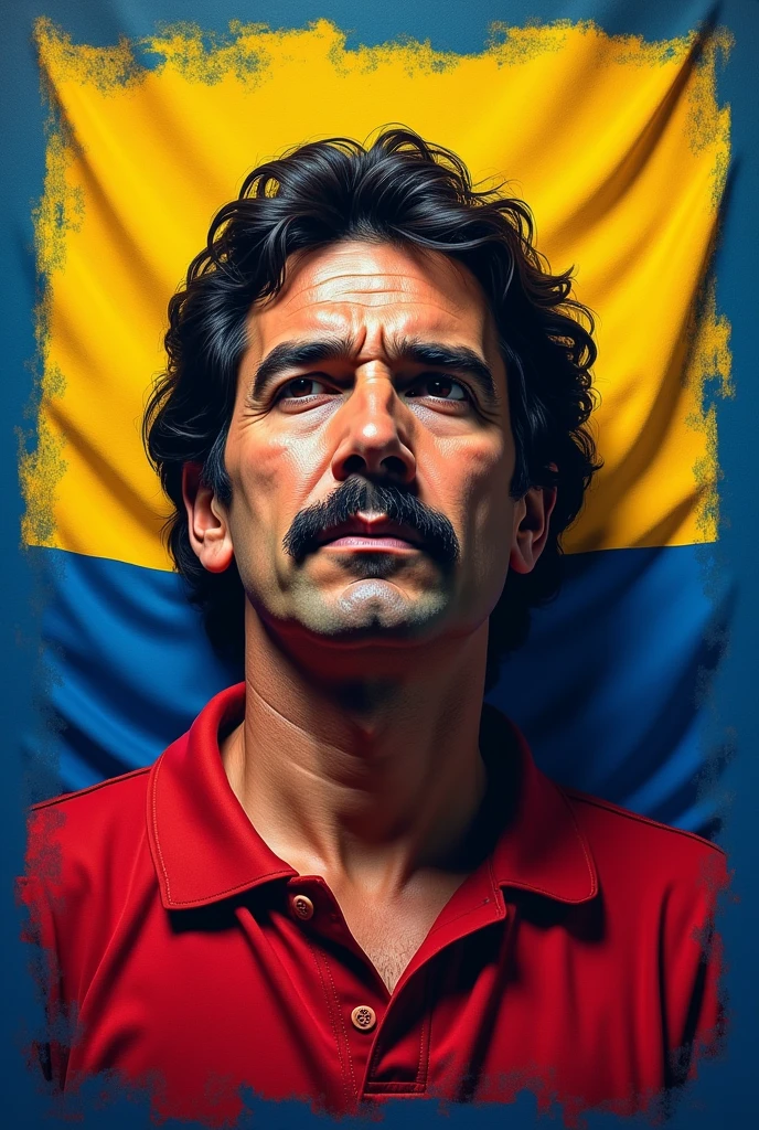 Create a realistic flag with a blue border and in the middle of the flag have the colors of Colombia and the realistic vector of Pablo Escobar in the middle of the flag