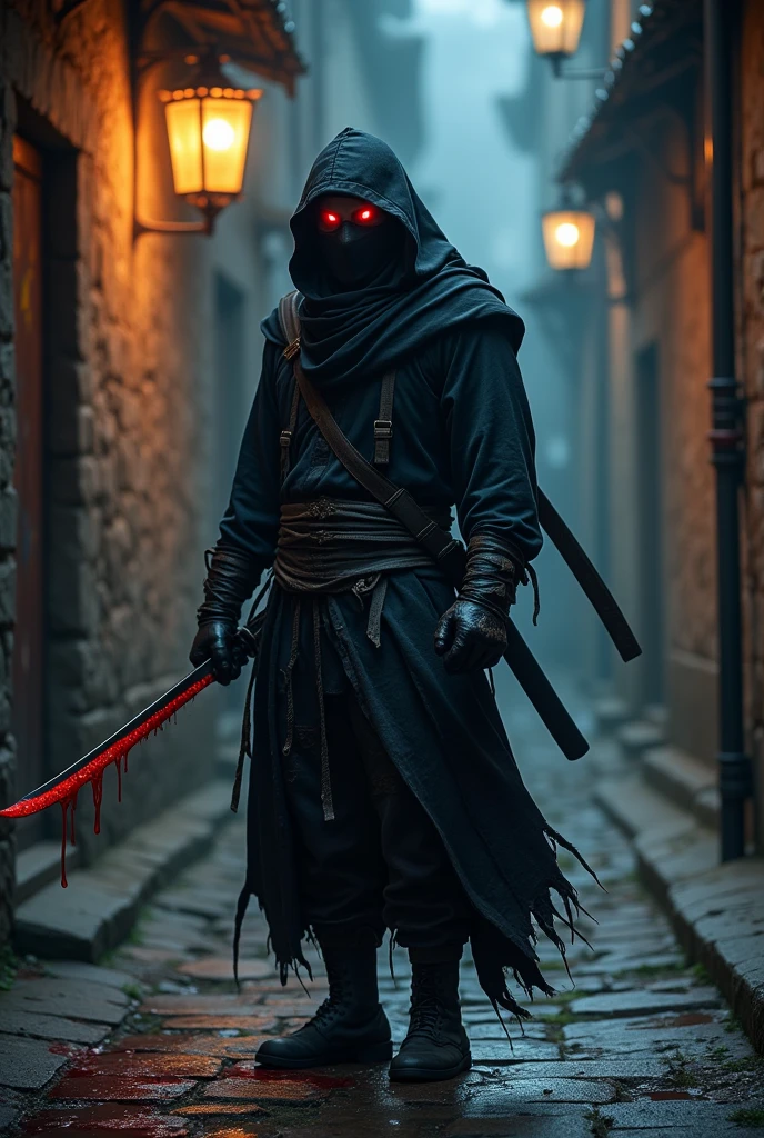 create a ninja, with red eyes, and with a sword full of blood