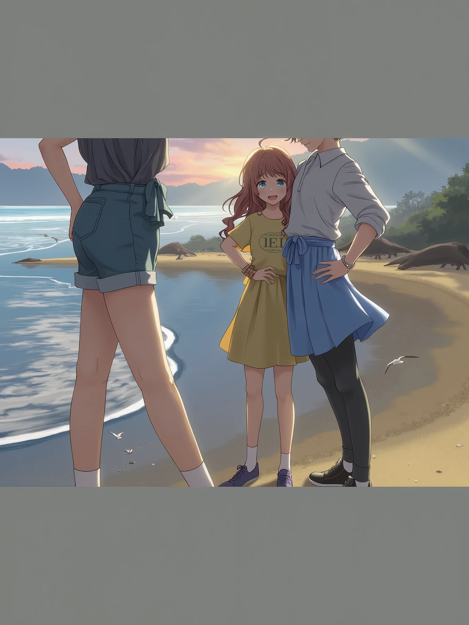 In the background, put a beach, and he's with a girl next to him hugging him
