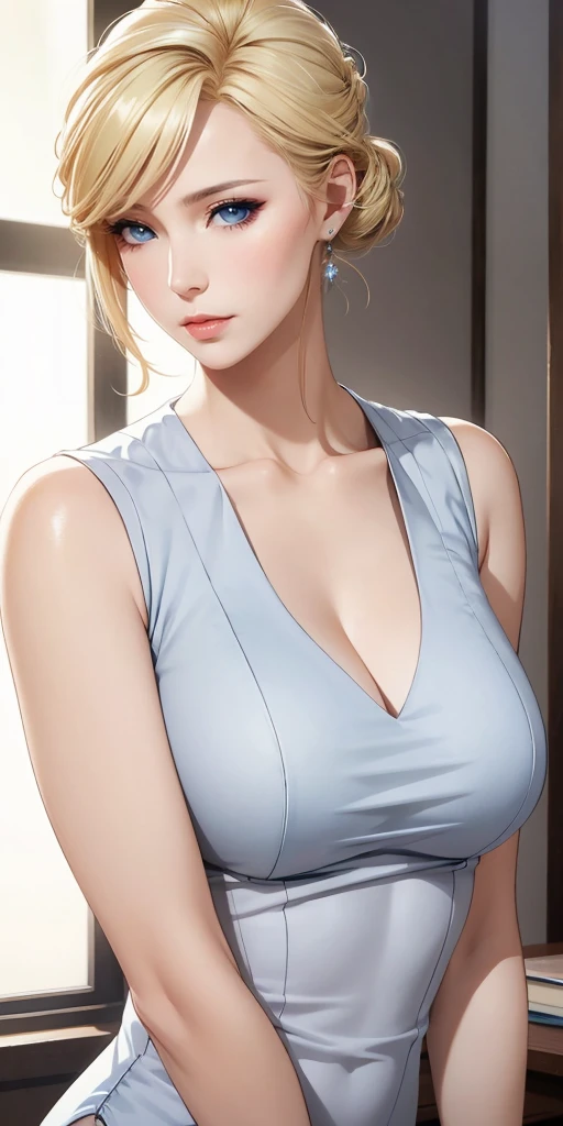 Elegant mature female, blonde hair, perfecteyes eyes, blue eyes, soft light, high quality, high detailed, 4k resolution, beautiful cg