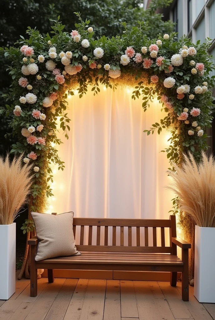 Create a decorative photo booth for guests to take pictures at a rustic wedding and include a bench.
* A floral arch with white and pink flowers and leaves.
* A white backdrop with LED lights.
* A brown bench.
* Wheat arrangements on the side with white vases.