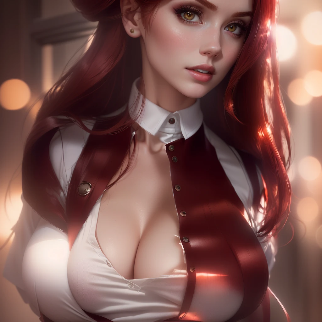 there is a woman with dark hair and a white shirt unbuttoned, bare chrest exposed,  amouranth, better known as amouranth, cinematic bust shot, amouranth as a super villain, hyperrealistic schoolgirl, realistic cosplay, triss merigold cosplay, 8k artgerm bokeh, photorealistic perfect body, a hyperrealistic schoolgirl, redhead girl