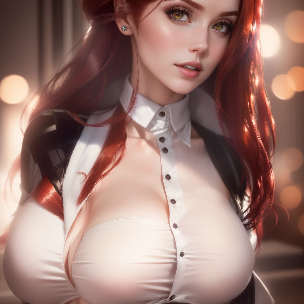 there is a woman with dark hair and a white shirt unbuttoned, bare chrest exposed,  amouranth, better known as amouranth, cinematic bust shot, amouranth as a super villain, hyperrealistic schoolgirl, realistic cosplay, triss merigold cosplay, 8k artgerm bokeh, photorealistic perfect body, a hyperrealistic schoolgirl, redhead girl