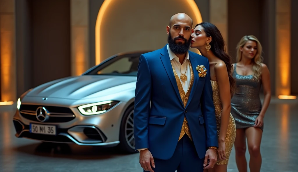 A charismatic young magician who is BALD and BEARDED, blue formal dress with gold, with jewelry and dollars coming out of his pocket, is standing confidently. Next to you, two stunning women, dressed in sophisticated and minimalist clothes, super sexy both kissing the man&#39;s cheek, representing wealth and attraction, showing their entire bodies down to their high heeled feet. Ao fundo, a high-end silver MERCEDES BENS car, like a Porsche are featured, highlighting a life of wealth and luxury. The scene captures the essence of magical opulence and financial success., with each element emphasizing ultra-royal wealth and prestige, money, wealth, might, dollars, gold