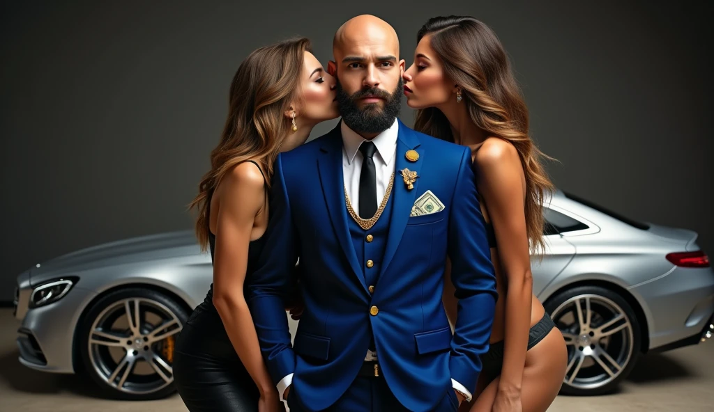 A charismatic young magician who is BALD and BEARDED, blue formal dress with gold, with jewelry and dollars coming out of his pocket, is standing confidently. Next to you, two stunning women, dressed in sophisticated and minimalist clothes, super sexy both kissing the man&#39;s cheek, representing wealth and attraction, showing their entire bodies down to their high heeled feet. Ao fundo, a high-end silver MERCEDES BENS car, like a Porsche are featured, highlighting a life of wealth and luxury. The scene captures the essence of magical opulence and financial success., with each element emphasizing ultra-royal wealth and prestige, money, wealth, might, dollars, gold