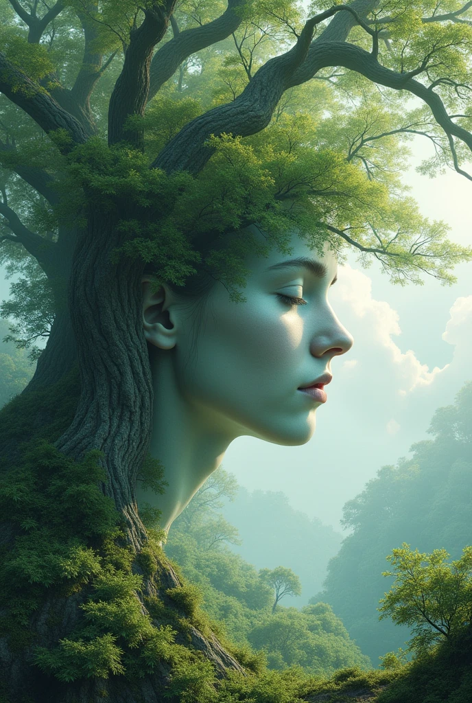 creating an optical illusion of a transparent face hidden within the landscape of trees and clouds
