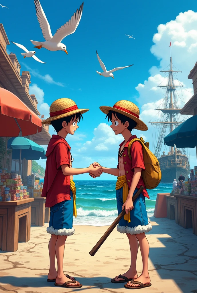 Luffy meet his future self and give hand shake