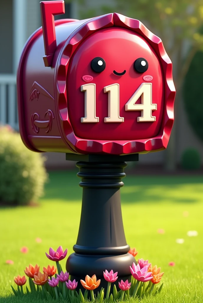 a cartoon style garnet mailbox with the number 114 in it