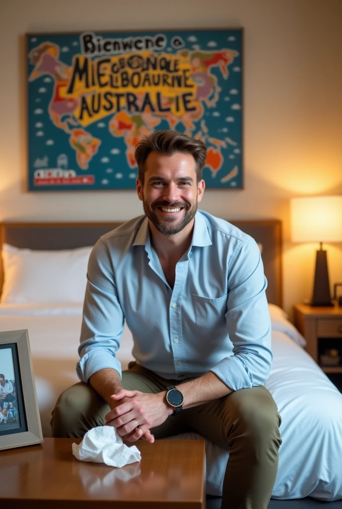 Homme caucasien grand de taille, charmant, un peu costaud, habillé en pantalon et tee-shirt manche longue, assis ou adossé sur une table dans une grande chambre d'hôtel et sur la table sur laquelle est assis ou adossé le charmant homme il faut qu'il y ait un papier mouchoir déjà utilisé sur la table et sur le lit de l'hôtel qu'il soit déposer un cadre photo grand ou moyen qu'il est possible de faire arrêter sur le lit et faire face à la caméra et sur le mur du chevet du lit un tableau sur lequel il est écrit en français : Bienvenue à Melbourne AUSTRALIE et autour de la phrase qu'il y ait les emblèmes du Canada Québec ou le drapeau du Canada Québec