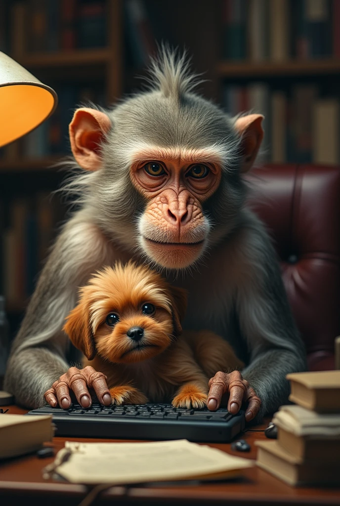 older monkey with a humanistic looking grumpy face sitting at a computer holding a brown maltipoo puppy in his arms