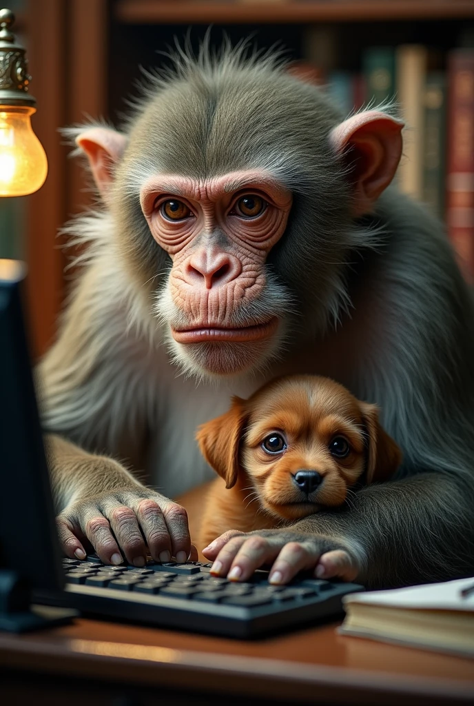 older monkey with a humanistic looking grumpy face sitting at a computer holding a brown maltipoo puppy in his arms