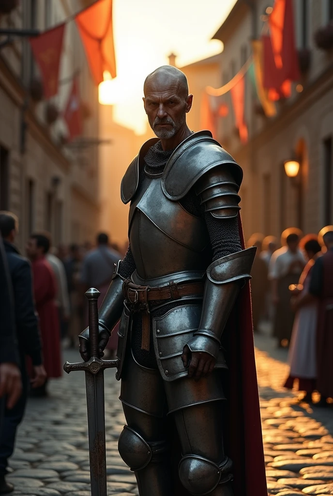 a knight of weak appearance carrying a worn weapon