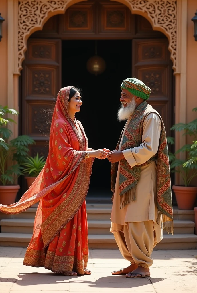 A  wearing saree is playing with a AFGHan merchant, wearing traditional dress infront of house. 