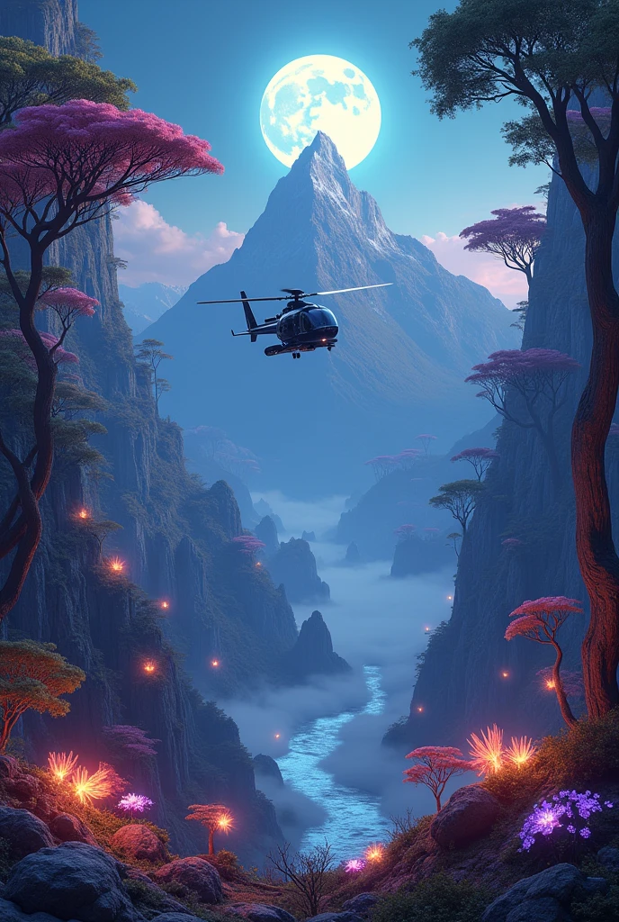 Futuristic helicopter, hovering over a mountain peak, full moon, afrofuturism, science fiction vehicle design, enchanted luminescent forest, vibrant iridescent hues, alien fauna, flora emitting bioluminescence, N'avi people's habitat, ethereal beings, colossal trees, pristine high-resolution 8K HDR photography, Pandora inspiration, ultra-fine details