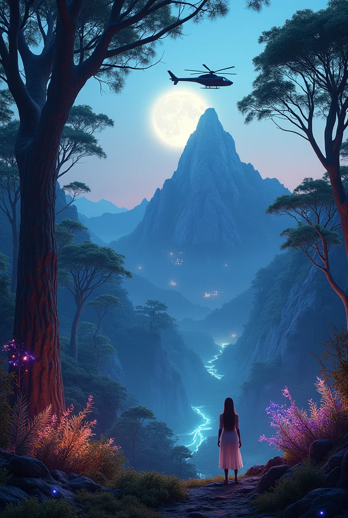 Futuristic helicopter, hovering over a mountain peak, full moon, afrofuturism, science fiction vehicle design, enchanted luminescent forest, vibrant iridescent hues, alien fauna, flora emitting bioluminescence, N'avi people's habitat, ethereal beings, colossal trees, pristine high-resolution 8K HDR photography, Pandora inspiration, ultra-fine details