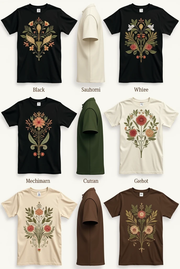 Necesito que me aandudes con 10 diseños diferentes and únicos entre si, the designs are based on embroidery for t-shirts, use as a base a quality cotton t-shirt,, you can use colors like black, white, green, cafe, cream, shades of that style for the base, and el arreglo del bordado te lo dejo a tu disposicion, it must only meet the following two requirements, I want the embroidered part to be in the center of the shirt (chest) (sides) and (back) that are of small to large sizes. I would like you to make some designs with elegant letters like Santorini or Wild Magnolia as a textual style, the typography, con and otros con diseños de flores, diseños como para gandm, designs similar to polo ralph lauren, designs of mythological creatures, etc, I leave some to your consideration. I need something more minimalist, Ralph Lauren style, but without losing the essence of what I asked for.