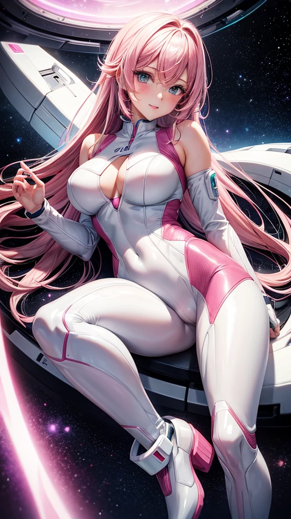 Sexy space android girl in a white and pink suit with pink hair