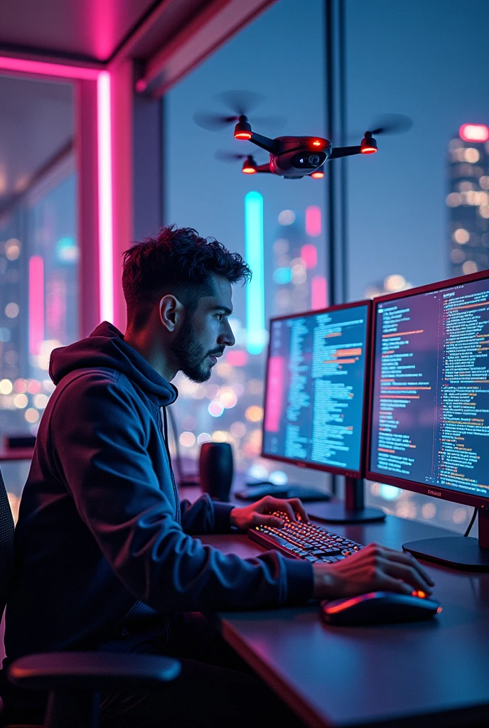 "A focused technology professional works on a state-of-the-art PC. Multiple screens display complex codes and graphics. In the background, a glass wall offers a panoramic view of the city, and a drone flies smoothly through the office."
For an artistic touch: "Digital painting of a man, in a futuristic studio, manipulating data into vibrant holograms. Neon light illuminates the room, creating a surreal and inspiring environment."