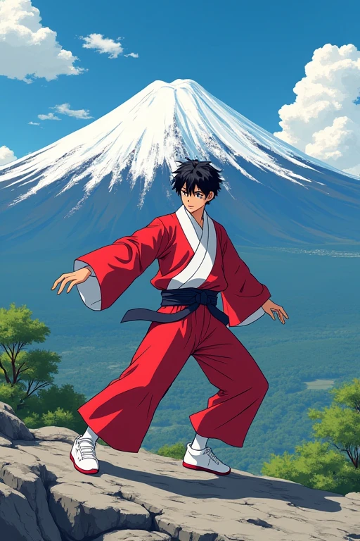 Image bboy Japanese with clothes red and white dancing in Japan in mountain Fuji head spin Staley anime
