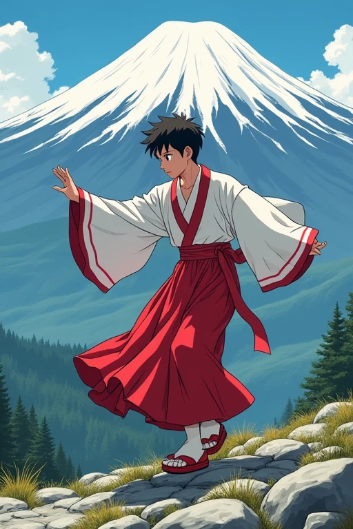Image bboy Japanese with clothes red and white dancing in Japan in mountain Fuji head spin Staley anime