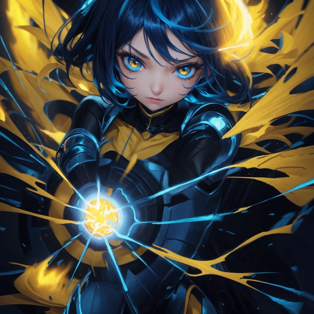 Dark blue hair, yellow eyes, pretty girl, aura, bool fire blue hair