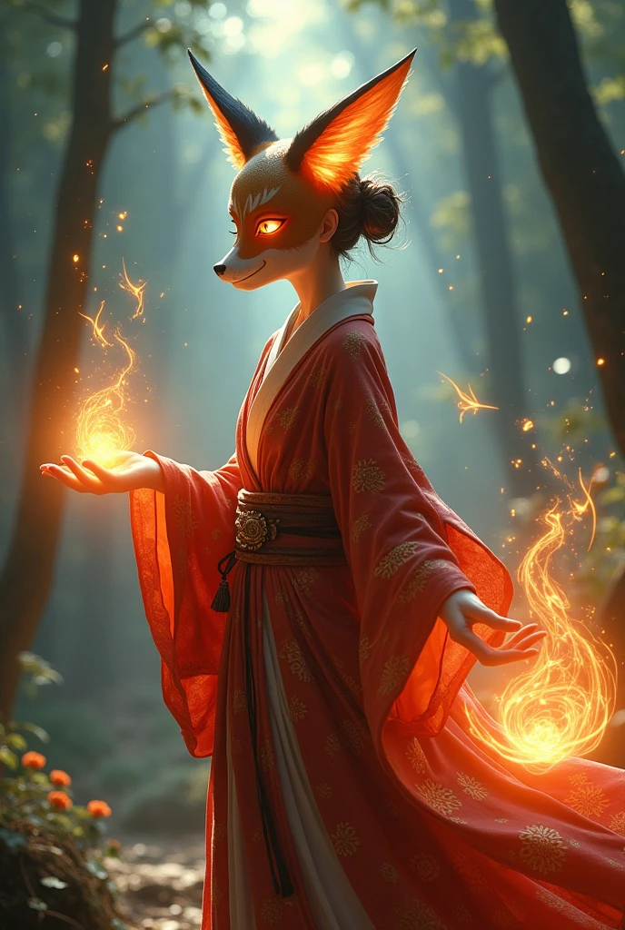 1 girl,Alone,, official art, unity wallpaper 8k, ultra detailed, beautiful and aesthetic, beautiful, masterpiece, Best Quality,, kitsune witch, Fox mask, chaqueta haori, fox fire spell, fox familiar, transformation,