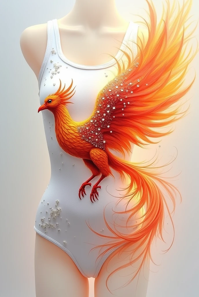 White rhythmic gymnastics leotard with a phoenix painted with gouache paint, and rhinestones embellishing the garment