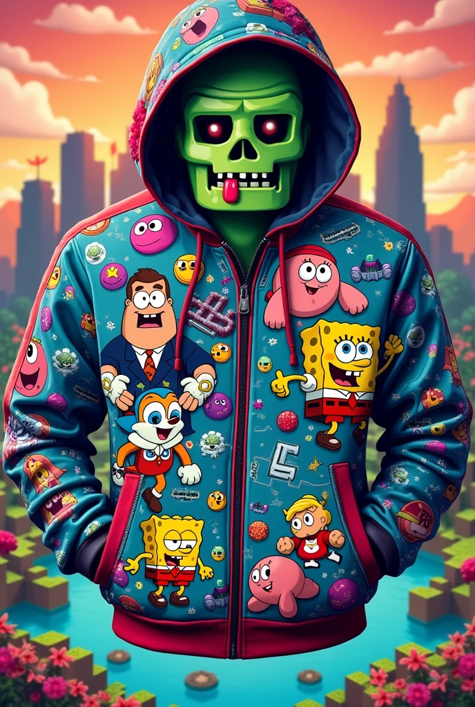 Jacket with a cartoony zombie steeve from Minecraft and family guy and PAC man and sonic and Kirby and SpongeBob Patrick and Mario kart with skulls