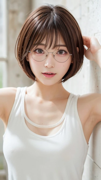 (Bob Cut Hair:1.2),(Wearing a white tank top:1.8),1 person,Japanese,21 years old,(Small breasts:1.3),(Highest quality,masterpiece:1.3,Ultra-high resolution,),(Very detailedな,Caustics),(Realistic:1.4,RAW shooting,)Ultra-Realistic Capture,Very detailed,High resolution 16K human skin closeup。 Natural skin texture、,pores、、It needs to be detailed enough to be easily identifiable。 Skin tone is even and healthy looking。 Use natural light and color, Happy expression, Looking into the camera, Perfect dynamic composition, Outdoor、Cleavage、sheer、Earrings、Leaning against the wall、Raise your hand、Armpits、freckles、(Round Glasses)、Tying up hair、amount、Show your forehead、(erect nipples)