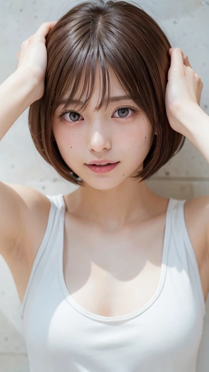 (Bob Cut Hair:1.2),(Wearing a white tank top:1.8),1 person,Japanese,21 years old,(Small breasts:1.3),(Highest quality,masterpiece:1.3,Ultra-high resolution,),(Very detailedな,Caustics),(Realistic:1.4,RAW shooting,)Ultra-Realistic Capture,Very detailed,High resolution 16K human skin closeup。 Natural skin texture、,pores、、It needs to be detailed enough to be easily identifiable。 Skin tone is even and healthy looking。 Use natural light and color, Happy expression, Looking into the camera, Perfect dynamic composition, Outdoor、Cleavage、sheer、Earrings、Leaning against the wall、Raise your hand、Armpits、freckles、(Round Glasses)、Tying up hair、amount、Show your forehead、(erect nipples)