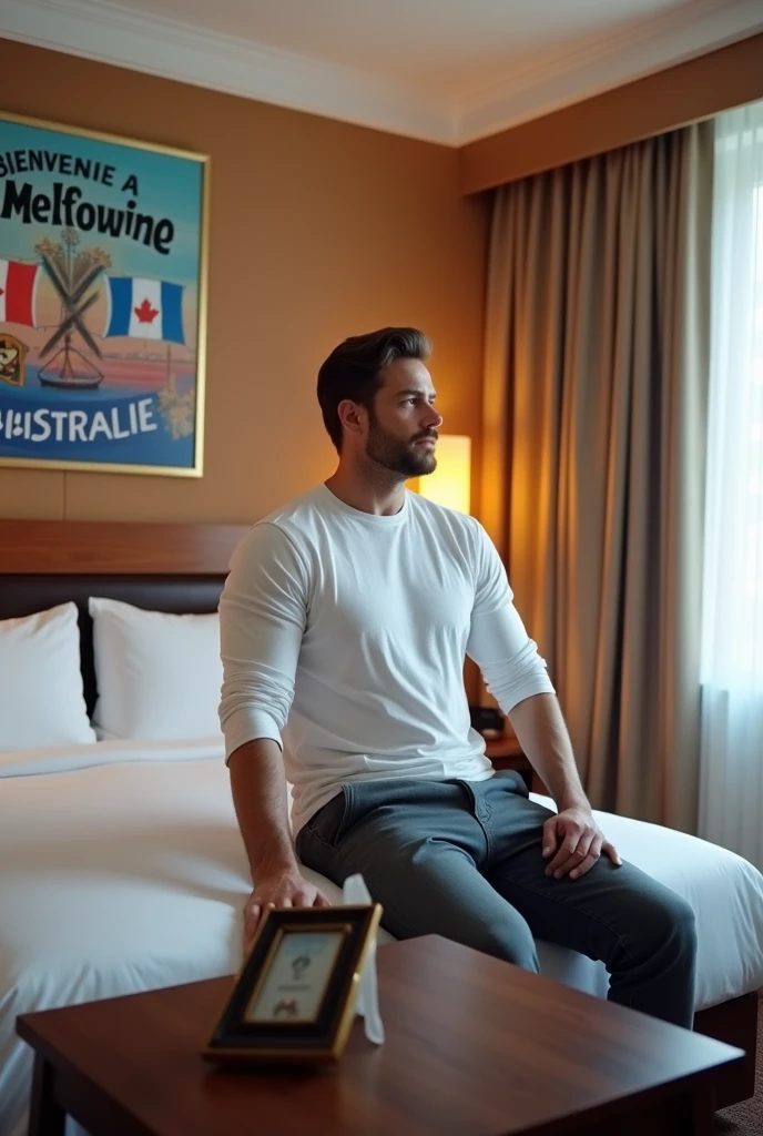 Homme caucasien grand de taille, charmant, un peu costaud, habillé en pantalon et tee-shirt manche longue, assis ou adossé sur une table dans une grande chambre d'hôtel et sur la table sur laquelle est assis ou adossé le charmant homme il faut qu'il y ait un papier mouchoir déjà utilisé sur la table et sur le lit de l'hôtel qu'il soit déposer un cadre photo grand ou moyen qu'il est possible de faire arrêter sur le lit et faire face à la caméra et sur le mur du chevet du lit un tableau sur lequel il est écrit en français : Bienvenue à Melbourne AUSTRALIE et autour de la phrase qu'il y ait les emblèmes du Canada Québec ou le drapeau du Canada Québec
