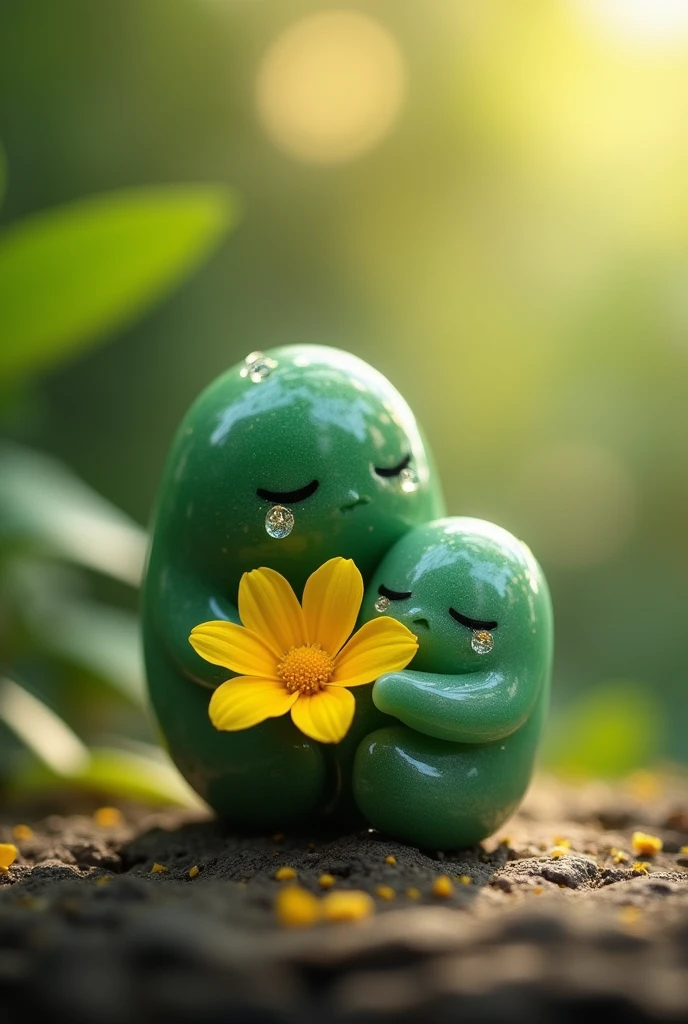 "A small jade-green stone is embracing a yellow flower with tears in its eyes."