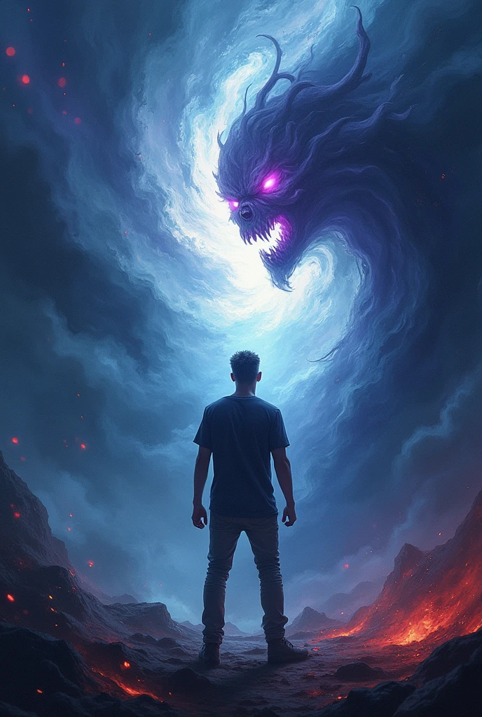 Create an image of a person displaying courage while confronting an abstract, intangible danger, possibly emerging from their own mind. The scene should depict the individual standing or moving forward with determination and bravery, despite the elusive and unseen threat surrounding them. The danger should be represented in an abstract manner—such as swirling shadows, distorted shapes, or ethereal forms—symbolizing the internal struggle or mental challenge they are facing. Position the person in a dramatic and expressive environment that reflects the tension and uncertainty of the situation. Use dynamic lighting and contrasting colors to emphasize the confrontation between the person and the abstract menace. The overall mood should convey a powerful sense of inner strength and resilience, capturing the essence of bravery in the face of an intangible and psychological threat.