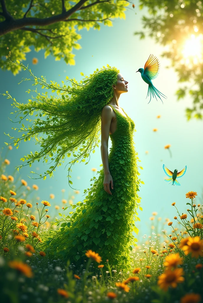 Human form of tree.birds flying arround.happy environment