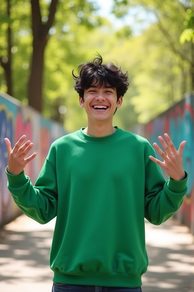 Man in a green sweatshirt and black hair, kind of a meme