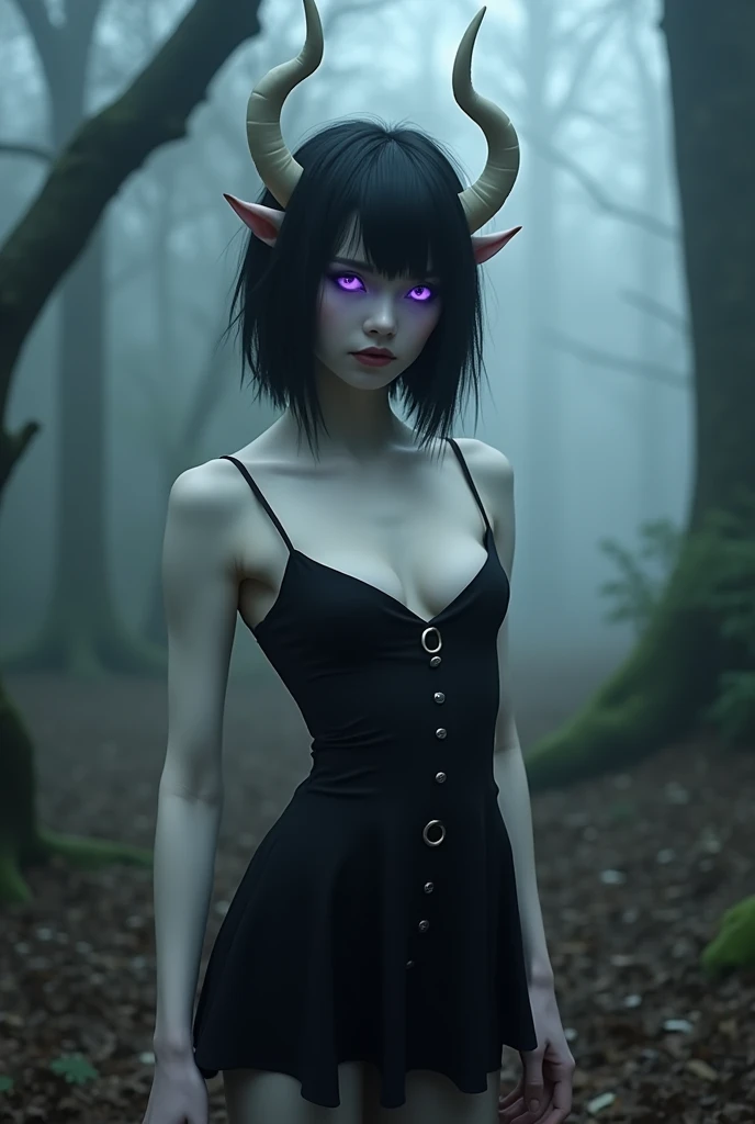 Young and beautiful demon woman, skin as white as snow, glowing purple eyes, black hair in an inverted bob, small white horns, large breasts, pointy ears, wearing a little black dress, black eyeliner. In a haunted forest. Nsfw, perfect face.