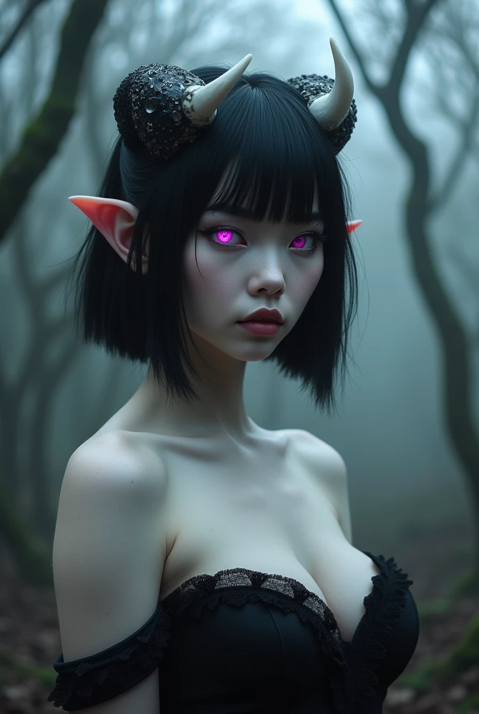 Young and beautiful demon woman, skin as white as snow, glowing purple eyes, black hair in an inverted bob, small white horns, large breasts, pointy ears, wearing a little black dress,  black eyeliner. In a haunted forest. Nsfw, perfect face.