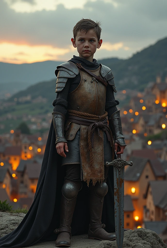 a knight of weak appearance carrying a worn weapon, protagonist of a video game
