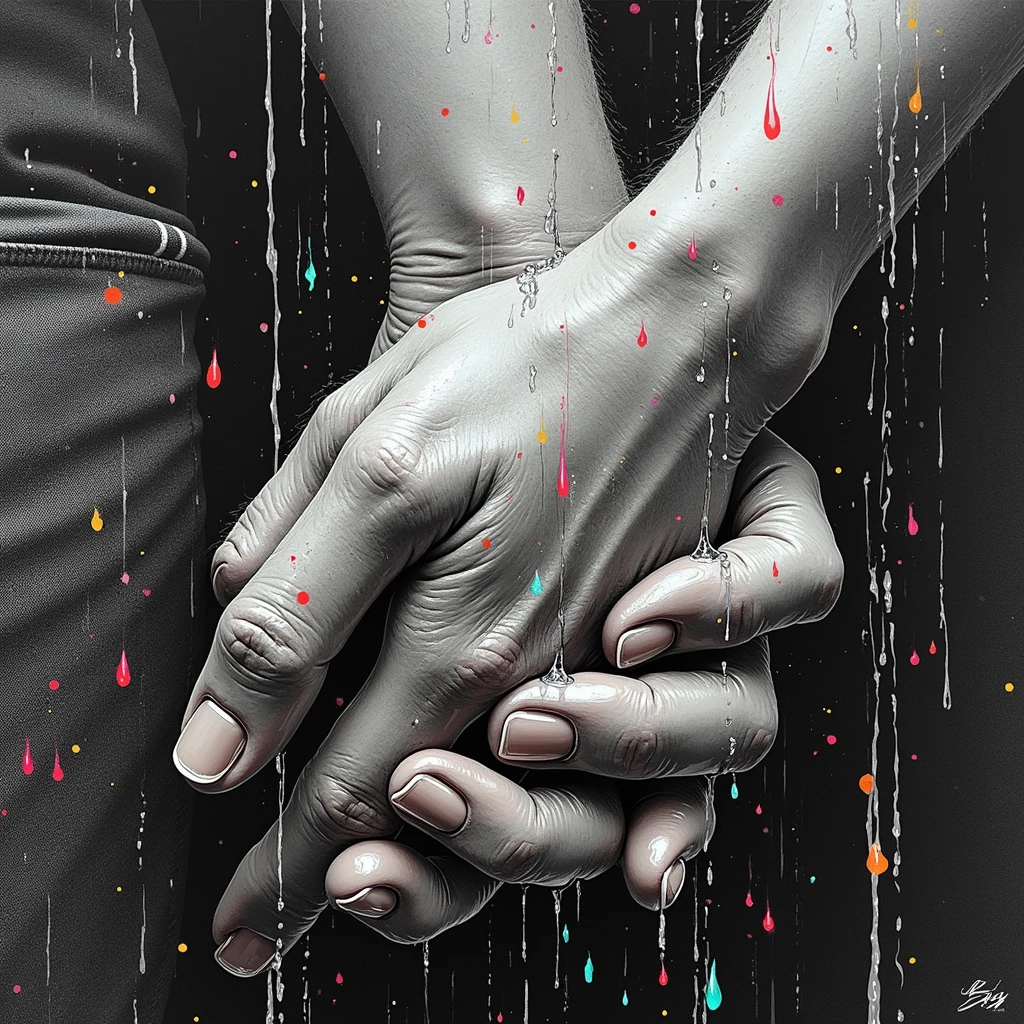 illustrate close up of Popeye and Olive Oyl's hands, clasped lovingly together, A black and white world, Popeye holding the hands of the love of his life Olive Oyl, each drop of rain unleashes a ripple of color, bringing color to this otherise mundane world, color reverberating out from each raindrop as it makes contact with the ground, sublte coloring to enrich the black and white image, rich color grading, sense of depth, shading and shadows