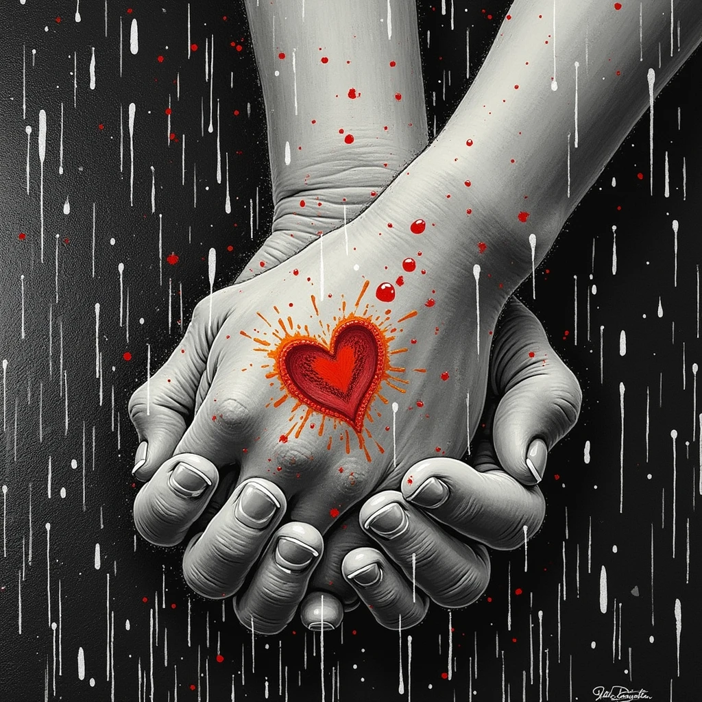 illustrate close up of Popeye and Olive Oyl's hands, clasped lovingly together, A black and white world, Popeye holding the hands of the love of his life Olive Oyl, each drop of rain unleashes a ripple of color, bringing color to this otherise mundane world, color reverberating out from each raindrop as it makes contact with the ground, sublte coloring to enrich the black and white image, rich color grading, sense of depth, shading and shadows