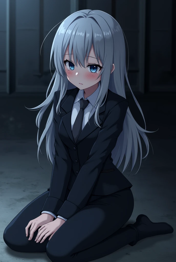 Anime girl with gray hair and blue eyes wearing a black suit sitting on her knees and crying hard 