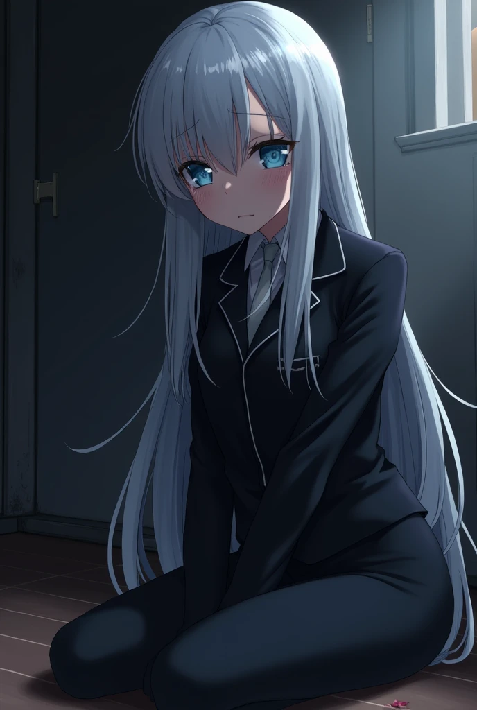 Anime girl with gray hair and blue eyes wearing a black suit sitting on her knees and crying hard 