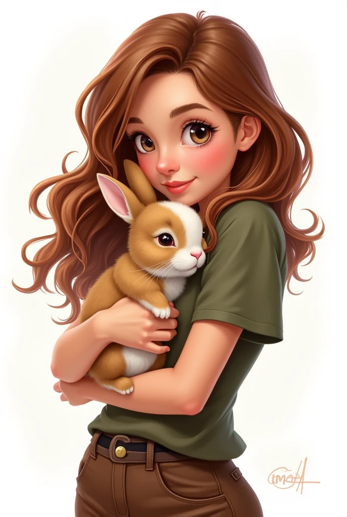 Illustration 2D sur fond blanc. Lapin nain tricolore écaille de tortue, poils de la tête plus longs, très petites oreilles, yeux vairon bleu et marron, tête blanche.
Il est dans les bras d'une femme, cheveux longs bouclés châtain avec dégradé blond, yeux noisettes, t-shirt vert militaire et pantalon d’équitation marron