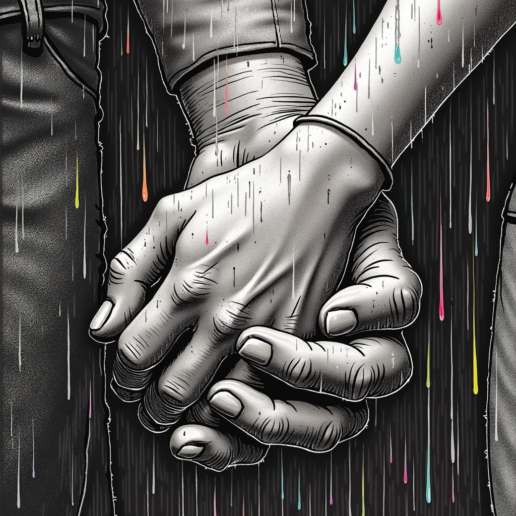 illustrate close up of Popeye and Olive Oyl's hands, clasped lovingly together, A black and white world, Popeye holding the hands of the love of his life Olive Oyl, each drop of rain unleashes a ripple of color, bringing color to this otherise mundane world, color reverberating out from each raindrop as it makes contact with the ground, sublte coloring to enrich the black and white image, rich color grading, sense of depth, shading and shadows