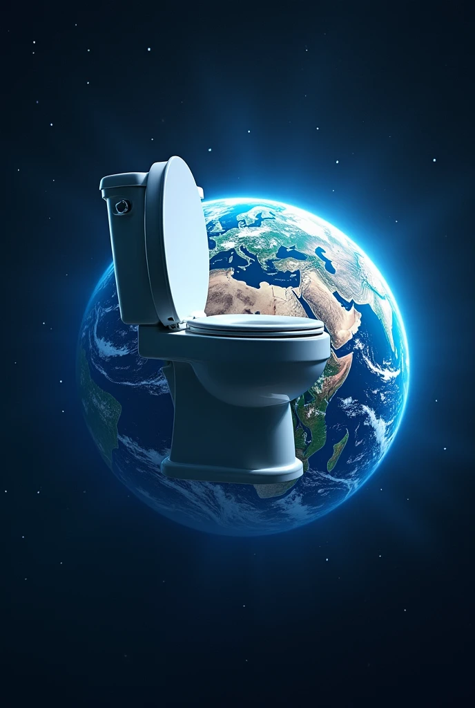 Earth planet with black background, with Earth's exosphere shining around it like a bright blue shadow with a toilet in the center of the image. Place the toilet in the center of planet Earth, right on top of the planet, very prominent, covering most of the planet.