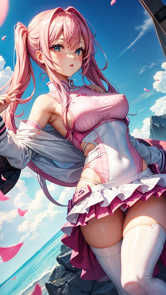 Sexy android girl in white and pink outfit with pink hair
