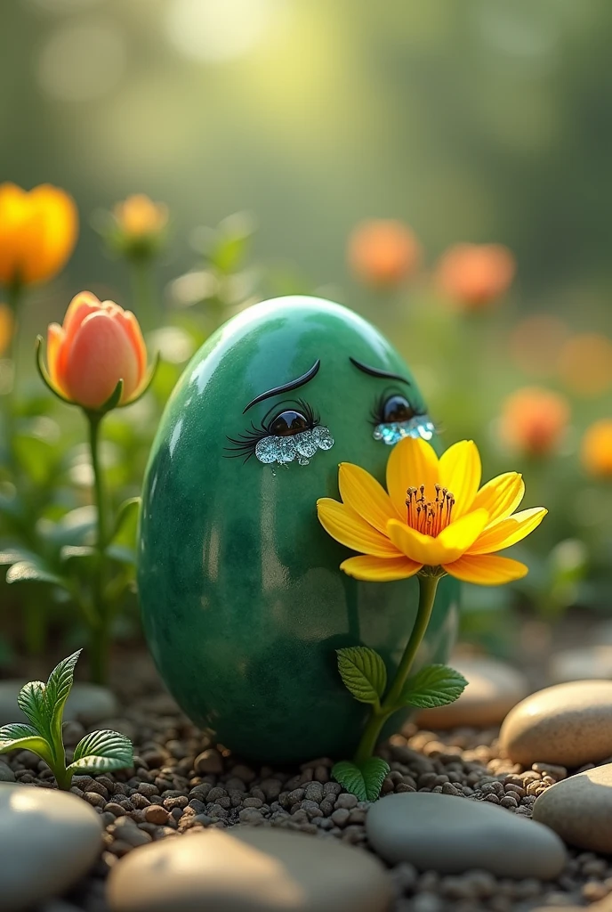 "A small jade-green stone is embracing a yellow flower with tears in its eyes."