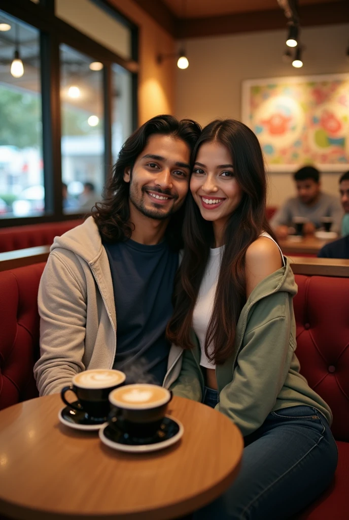 A 21 years old indian boy name suraj with medium long hair and seating with his 20 years old beautiful and fair indian girlfriend name neha and both are seeting on a table with their starbucks coffee and taking selfie 
